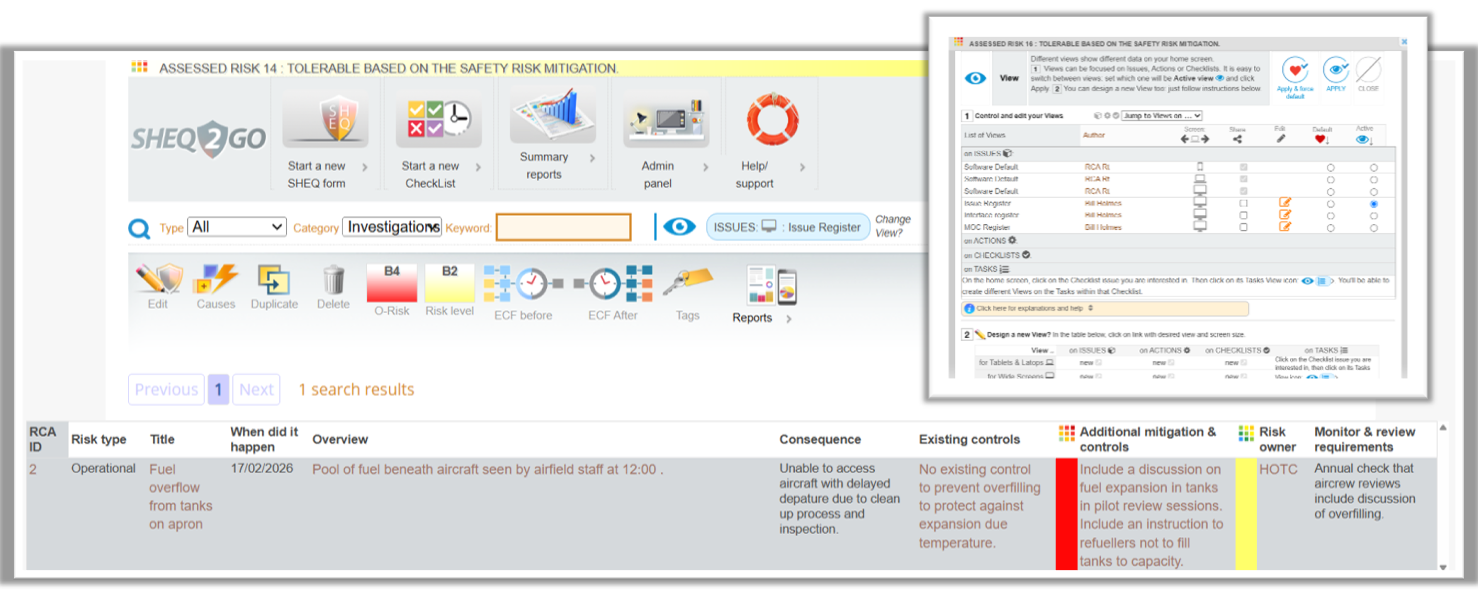 SHEQ2GO hazard and occurrence register with custom views